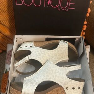 Boutique by corky. Wedges. Animal print white and silver sparkle.